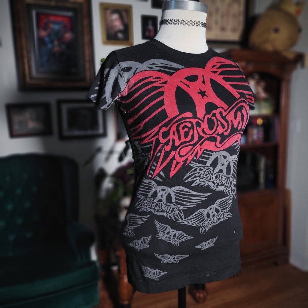 Aerosmith Band Tee Shirt Liquid‎ Blue Womens Medium Black Red Wing Graphic Rock